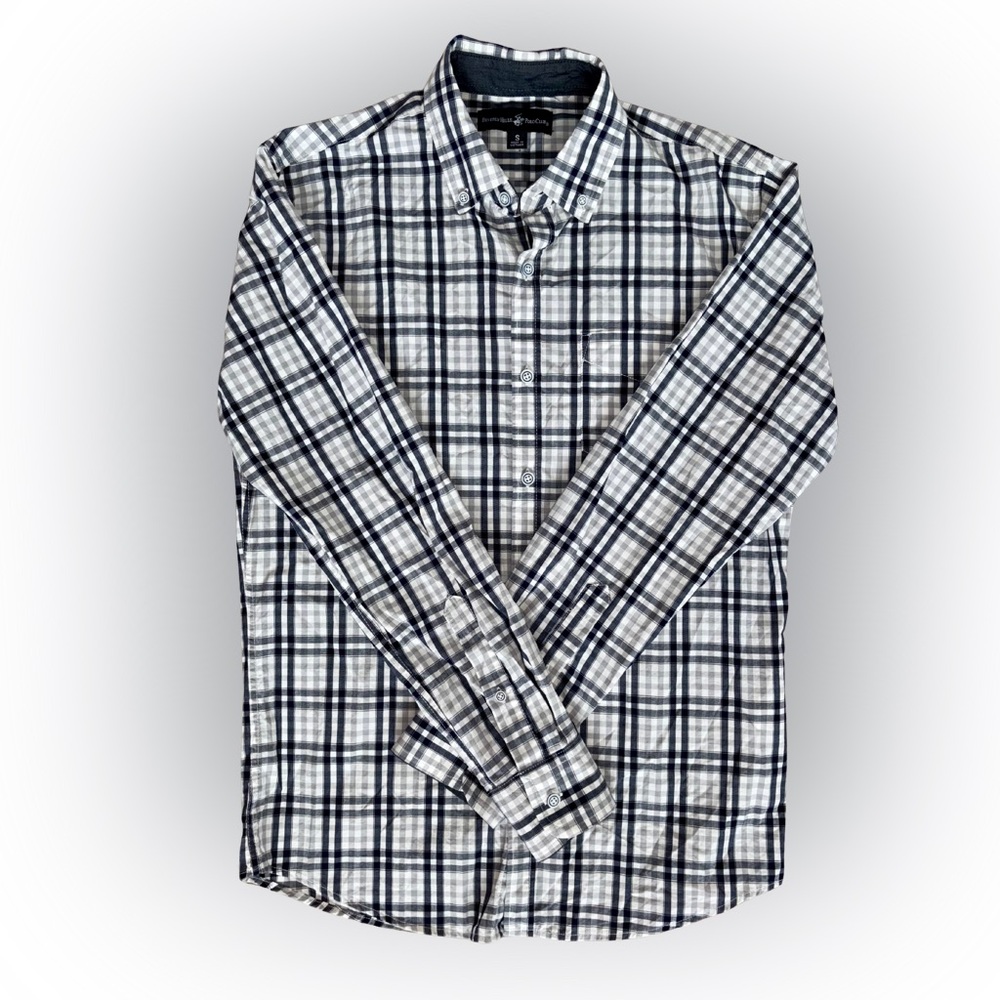 Beverly Hills Polo Club Blue & White Plaid Classic Button-Down Shirt Size S